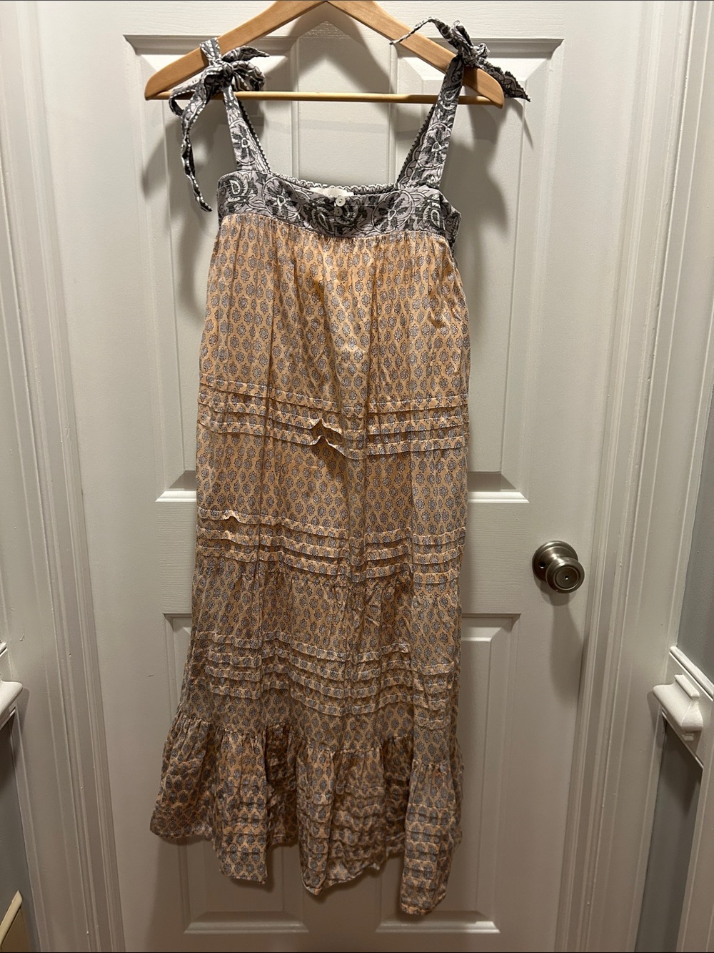 Cleobella Peach and Gray Tie-Shoulder Midi Dress